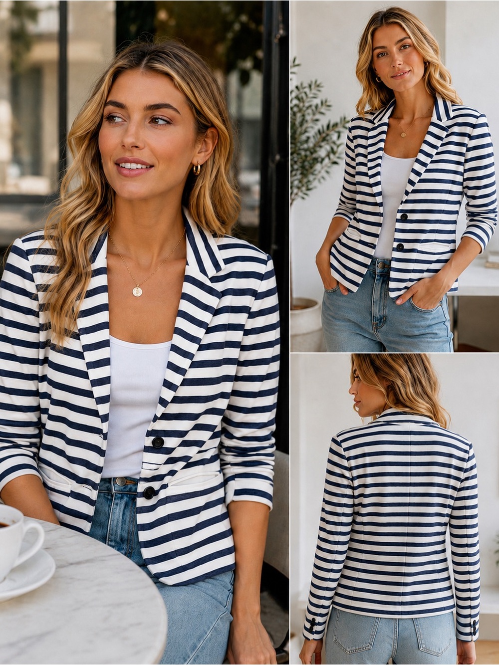 Gap Knit Blazer M navy white striped preppy Stretch Career nautical chic blazer